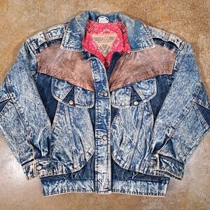 Vtg 80s Giacca Small Bomber Jacket Acid Wash Jean & Leather Button Up Lined Coat